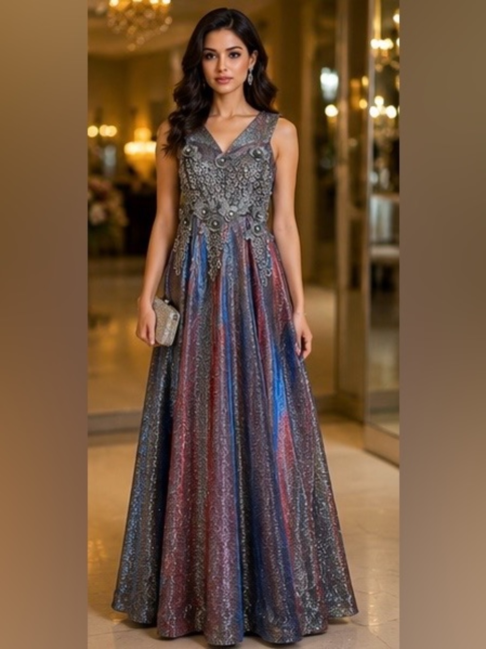 Women’s Elegant Sequin Evening Gown | Sleeveless V-Neck Maxi Dress | Formal